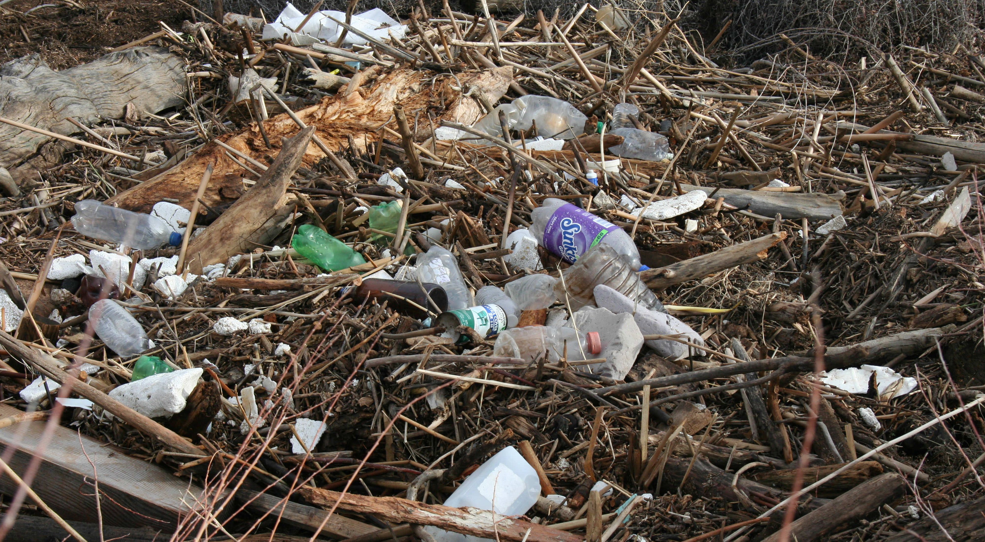 Close up view of a pile of garbage. Discarded cans, glass bottles and plastic milk jugs and soda bottles are scattered across a thick pile of sticks, logs and broken wood.