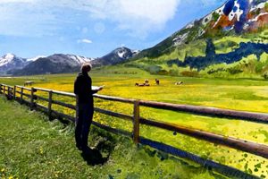 A painting of a person looking at a ranch with mountains in the background.