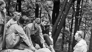 A group of people kneel and stand on a forest hillside examining something on the ground.