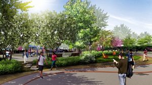 A rendering shows a school yard with trees and students enjoying the area.