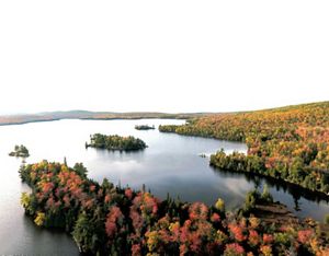 Aerial view of a lake surrounded by dense forest. The leaves display fall colors of red, orange and gold.