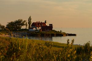 View of Point Betsie Lighthouse from the shore of Zetterberg Preserve at Point Betsie in Frankfort, Michigan.