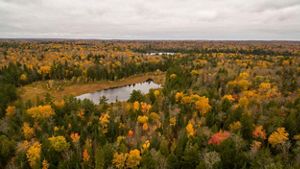 The Michigamme Highlands in Michigan in the autumn. The trees are covered in brightly colored leaves. 