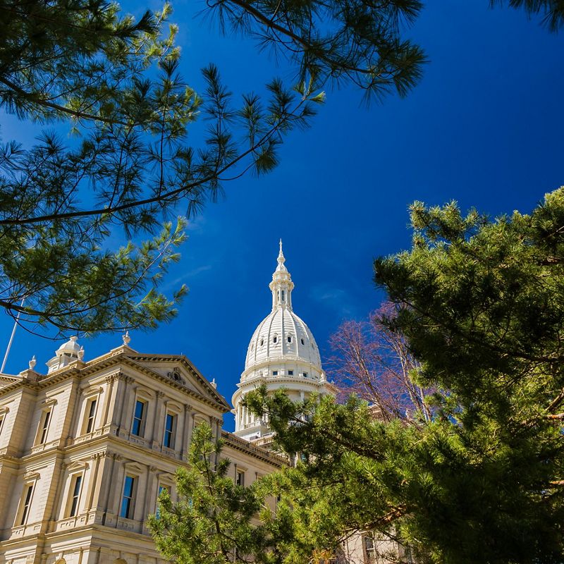 The dome of Michigan's statehouse framed by tree branches and a bright blue sky in downtown Lansing.
