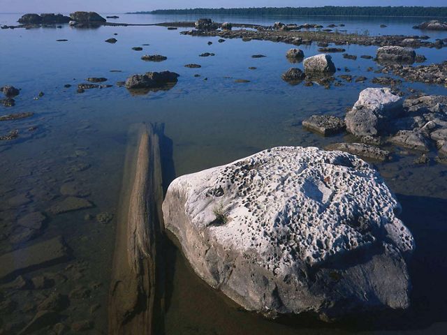 Rocks in the water along the shoreline.