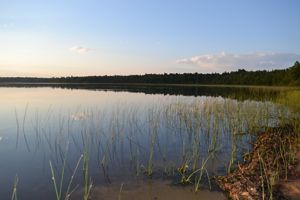A calm lake at dusk.