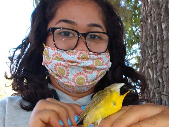 Young woman in with dark-framed eyeglasses and colorful face mask holds bright yellow bird.
