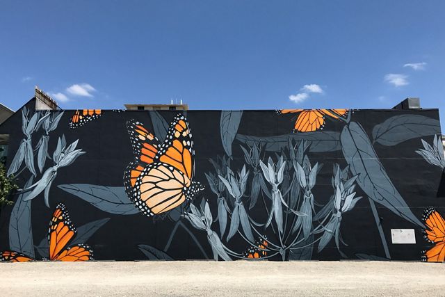 The side of a building is painted with bright orange monarch butterflies on a black background with gray leaves and flowers.