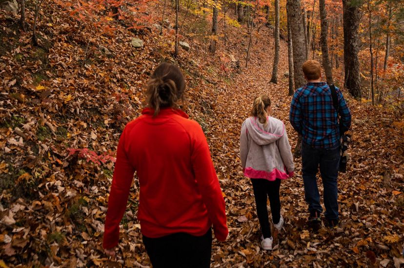 A group of people walk through an autumnal forest in Kentucky.