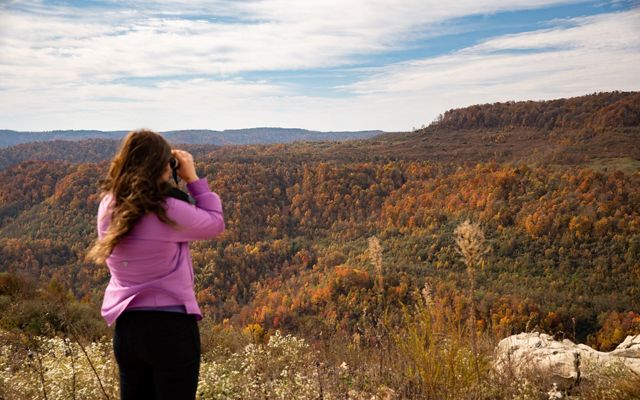 A person looks through binoculars at a range of mountains in fall colors.