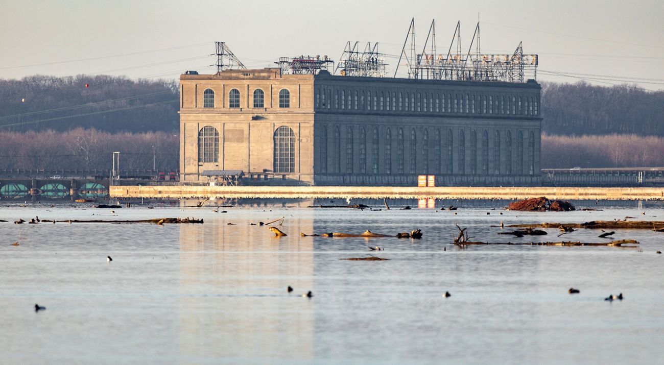 Dam 19 on the Mississippi River with ducks and debris floating on the water.