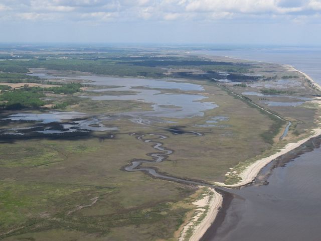 An aerial view of land meeting a body of water.