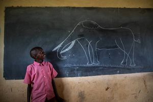 A boy stands next to a chalkboard with a drawing of an elephant on it.