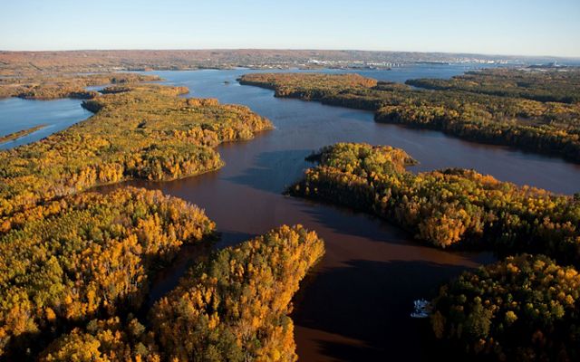 Aerial view of several islands with golden forests on a river.