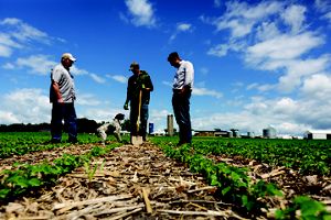 Three people talking on a farm.