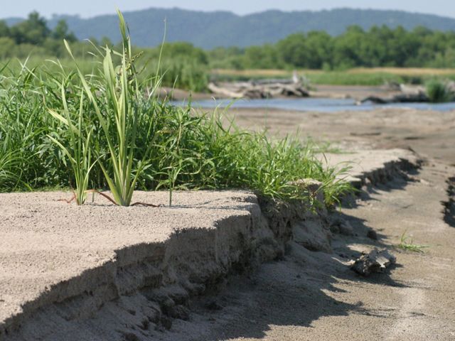 Photo of riverbank in Upper Mississippi River basin, showing thriving plant growth.
