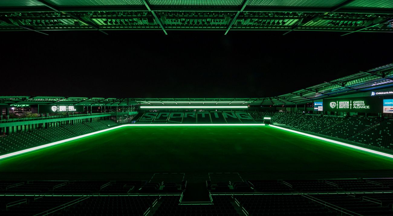 Sporting Kansas City stadium with all green lighting.