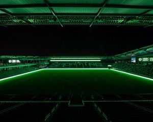 Sporting Kansas City stadium with all green lighting.