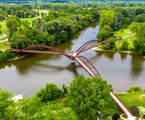 Aerial view of a bridge that splits in three directions in Midland, Michigan. 
