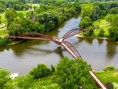 Aerial view of a bridge that splits in three directions in Midland, Michigan.