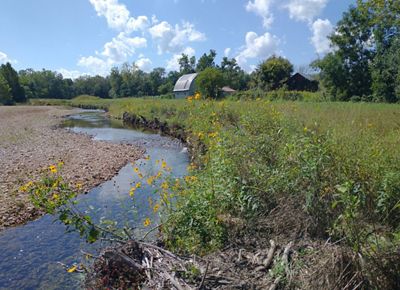 A narrow stream winds through a landscape with grasses one on side and sandy banks on the other, with a barn in the distance.