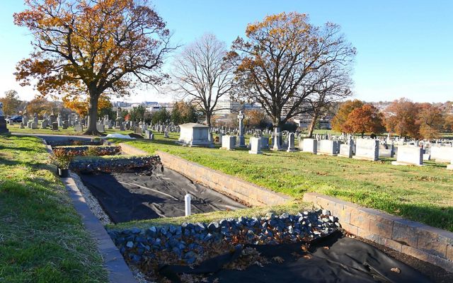 Construction in progress during a first-of-its-kind stormwater retention project at Washington, DC's historic Mount Olivet cemetery.