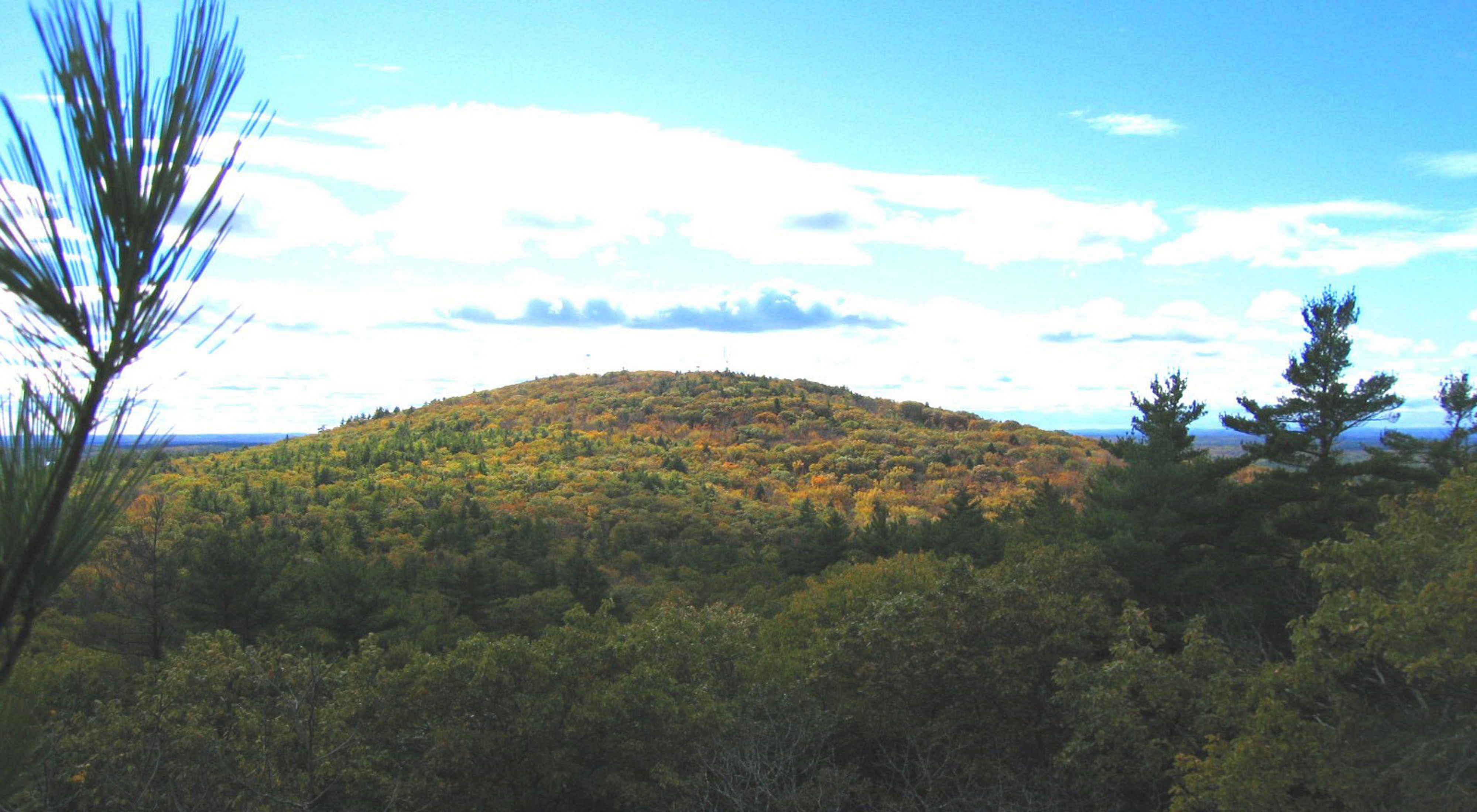 View looking out over a mountain covered in autumn-colored forests.