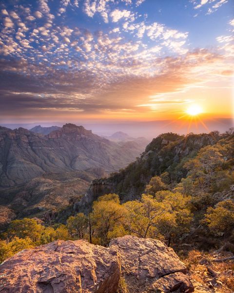 The sun shines over jagged mountains and towering trees.