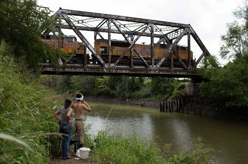 Two individuals stand in grass in front of a body of water and watch as a train passes across a bridge across the water behind them.