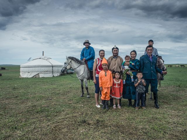 A herder named Otgonbaatar and his family at their home on the grassland steppe of Eastern Mongolia's Toson Khulstai Nature Reserve