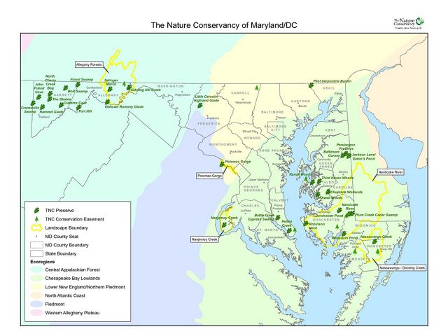 A map features Maryland and surrounding lands and waters.