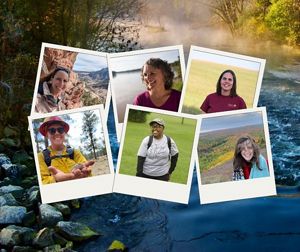 A collage of photos of six different women over a background of a photo of flowing river.