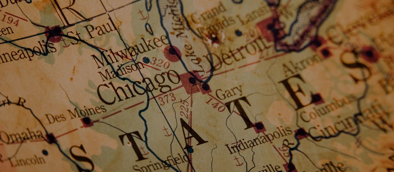 A close-up of a road map between cities in the Midwest region of the United States. 