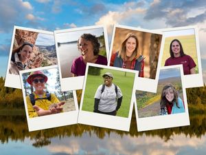 A collage of snapshots of seven different women against a photo of a lake in the background. 