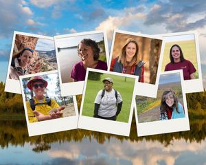 A collage of snapshots of seven different women against a photo of a lake in the background.