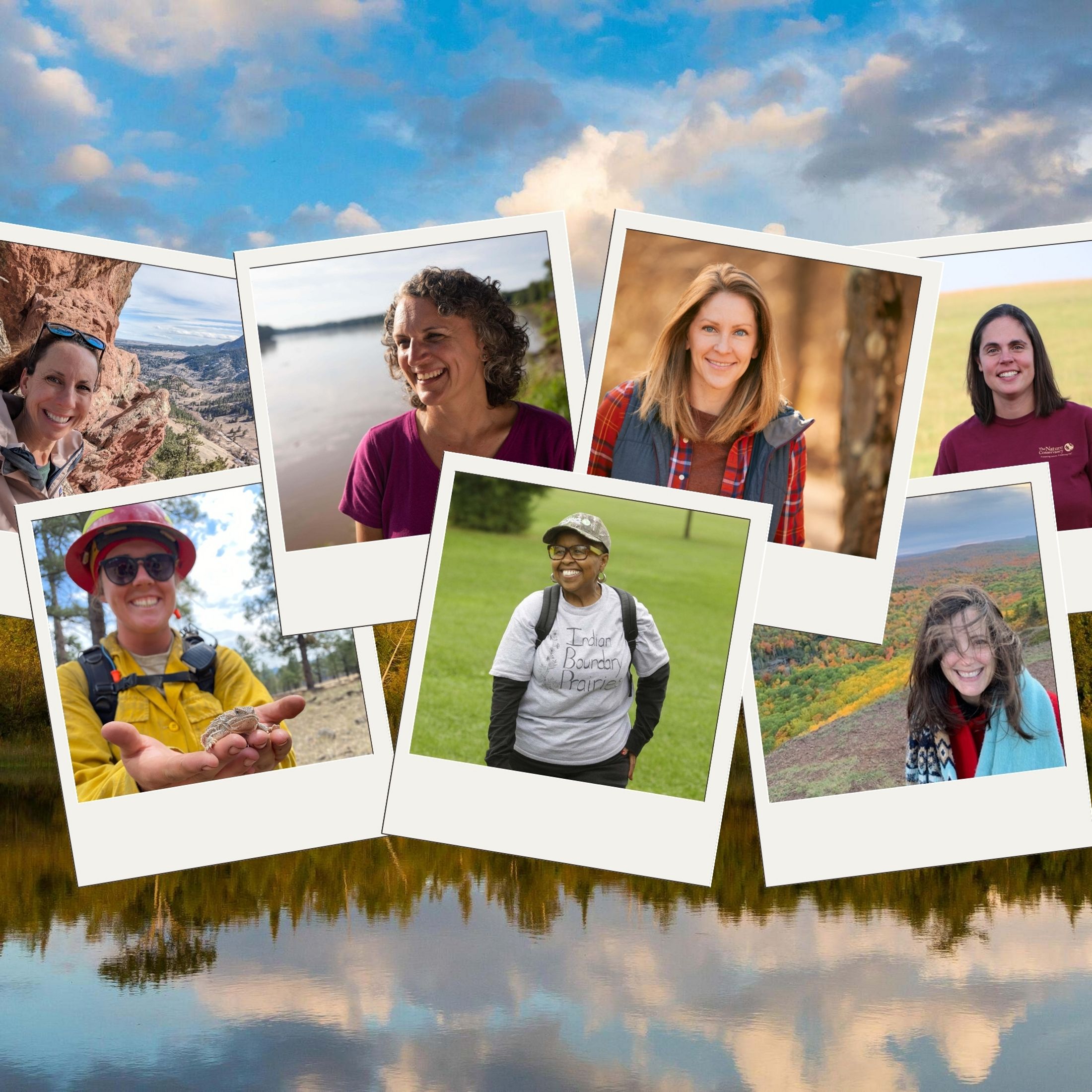 A collage of photos of seven diffferent women over a background of a photo of lake. 