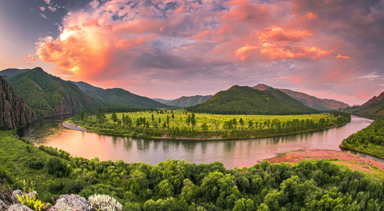 River bends through mountainous terrain.