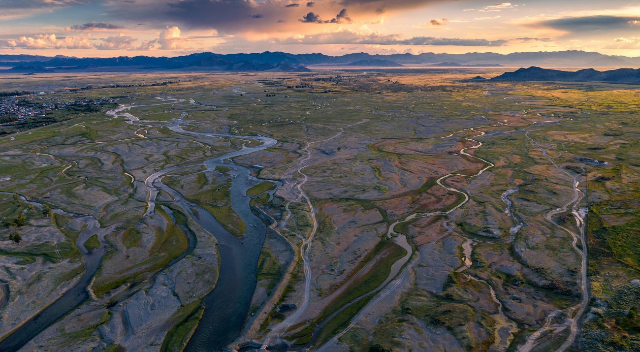 Aerial of Mongolia delta.