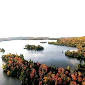 A sweeping overhead landscape captures a northern lake bordered by forests at peak fall color. The shoreline and islands are covered with a mix of evergreen trees and deciduous trees displaying brilliant reds, oranges, yellows, and greens. Dark, glassy water winds between the islands and peninsulas, creating distinct shapes and inlets throughout the scene. Layers of forest continue into the distance, forming a colorful horizon of rolling hills. The elevated perspective highlights both the scale of the lake and the mosaic of autumn foliage, creating a striking view of a forested wilderness landscape in fall.