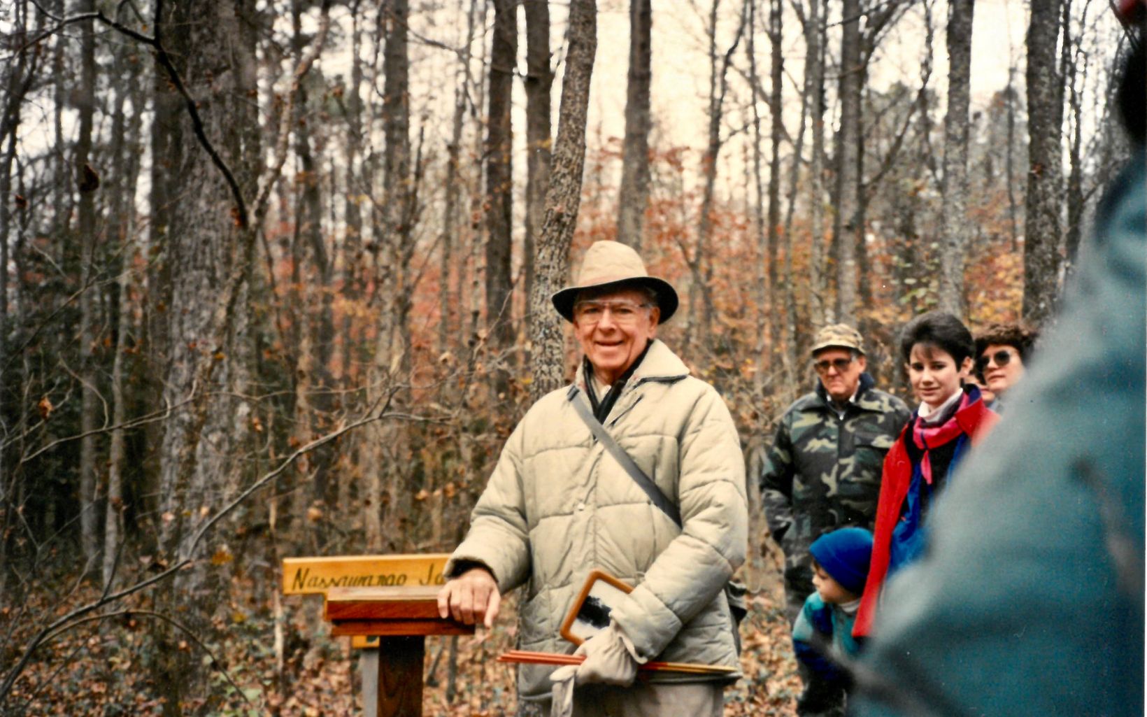Joe Fehrer, Sr., at the dedication of the Nassawango Joe Trail, Nassawango Swamp Preserve, 1991.