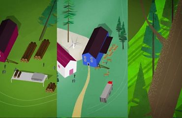 Graphic of houses and forests.