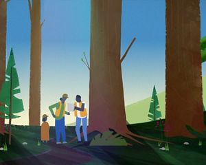 Graphic of people in a forest.