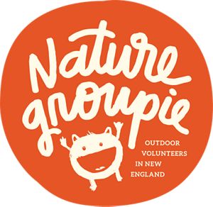 Nature Groupie logo illustration, an orange circle with an illustrated character and the words 'Nature Groupie, Outdoor Volunteers in New England' written on it.