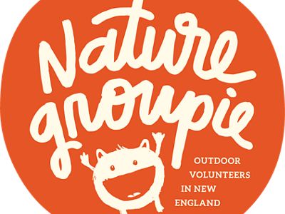 Nature Groupie logo illustration, an orange circle with an illustrated character and the words 'Nature Groupie, Outdoor Volunteers in New England' written on it.