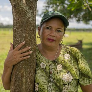 a smiling woman in a hat leans up against a small tree