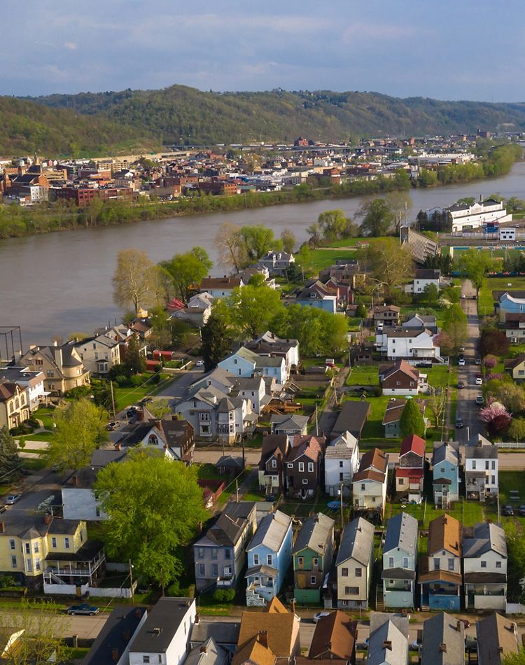 aerial view of west virginia town along a river