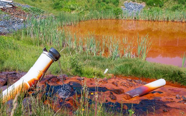 Pipe drips clean water into a wetlands from mine run off.
