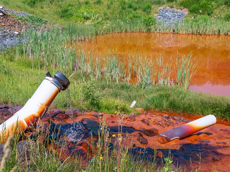 Pipe drips clean water into a wetlands from mine run off.
