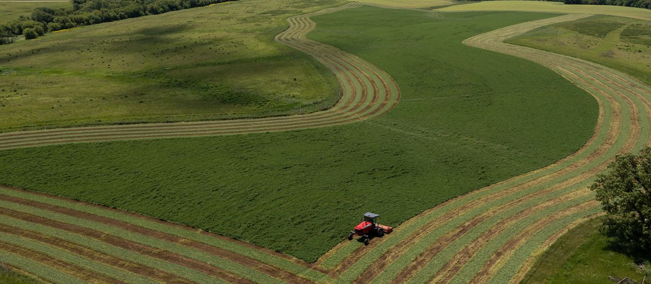 Aerial view of a red tractor cutting long, curving rows into a broad green field.