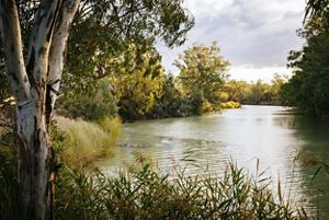 A view of a river from the grassy bank.